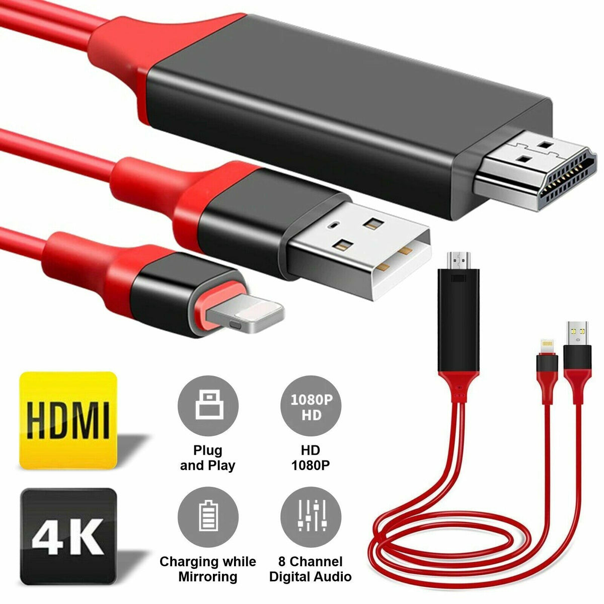 8 Pin to HDMI Cable HDTV USB Adapter For iPhone 7 8 X 11 12 XR Pro Max iPad iPod