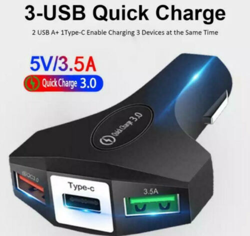 QUICK CHARGE 3.0 IN CAR CHARGER 3 PORTS INCLUDING USB-C ADAPTER UNIVERSAL
